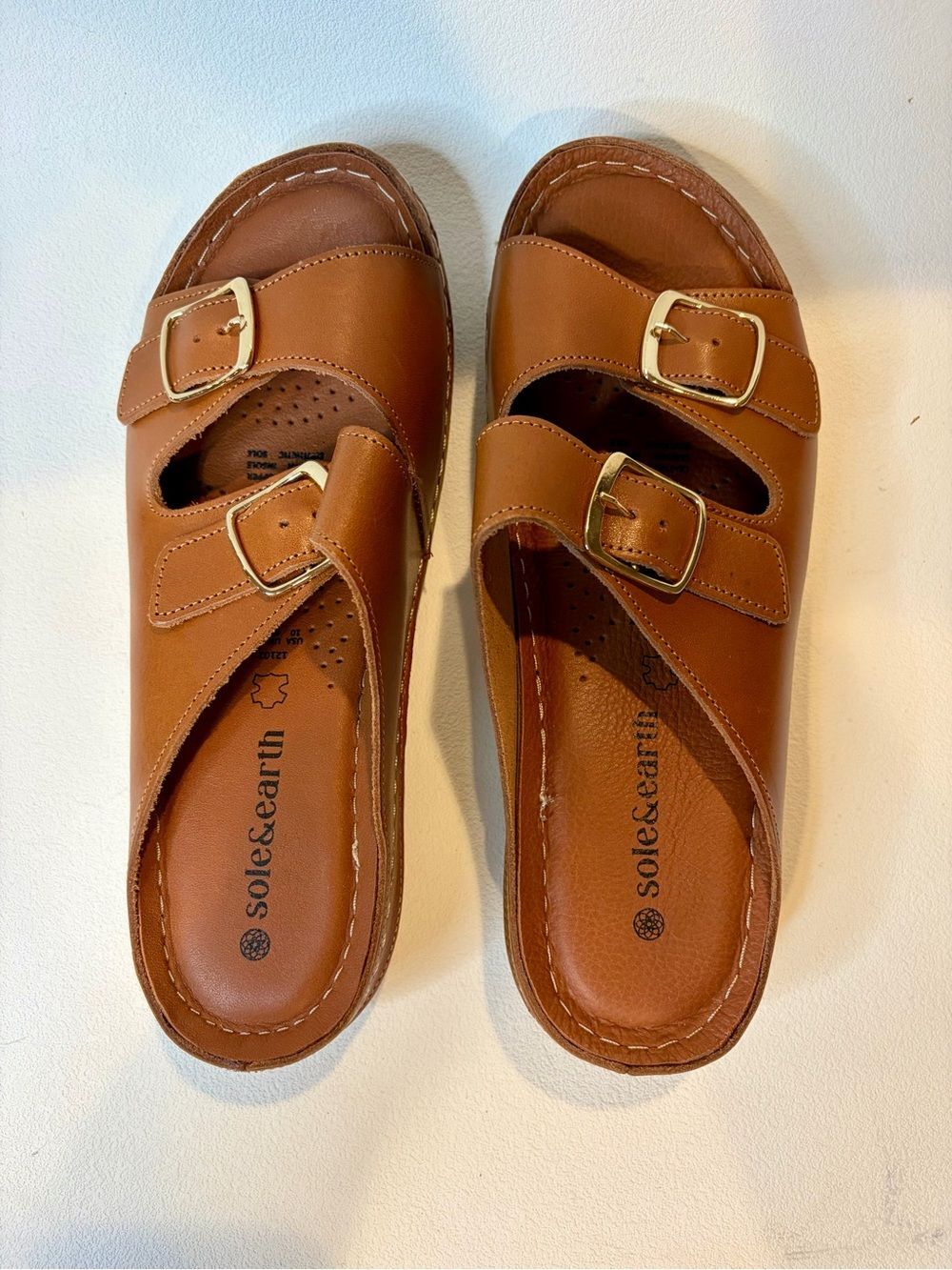 Sole & Earth Tan Leather Double Buckle Comfort Slide Sandals Size 10
